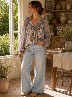 Free People Hendrix Top Boho Floral Peasant Blouse Cottagecore Romantic Vintage